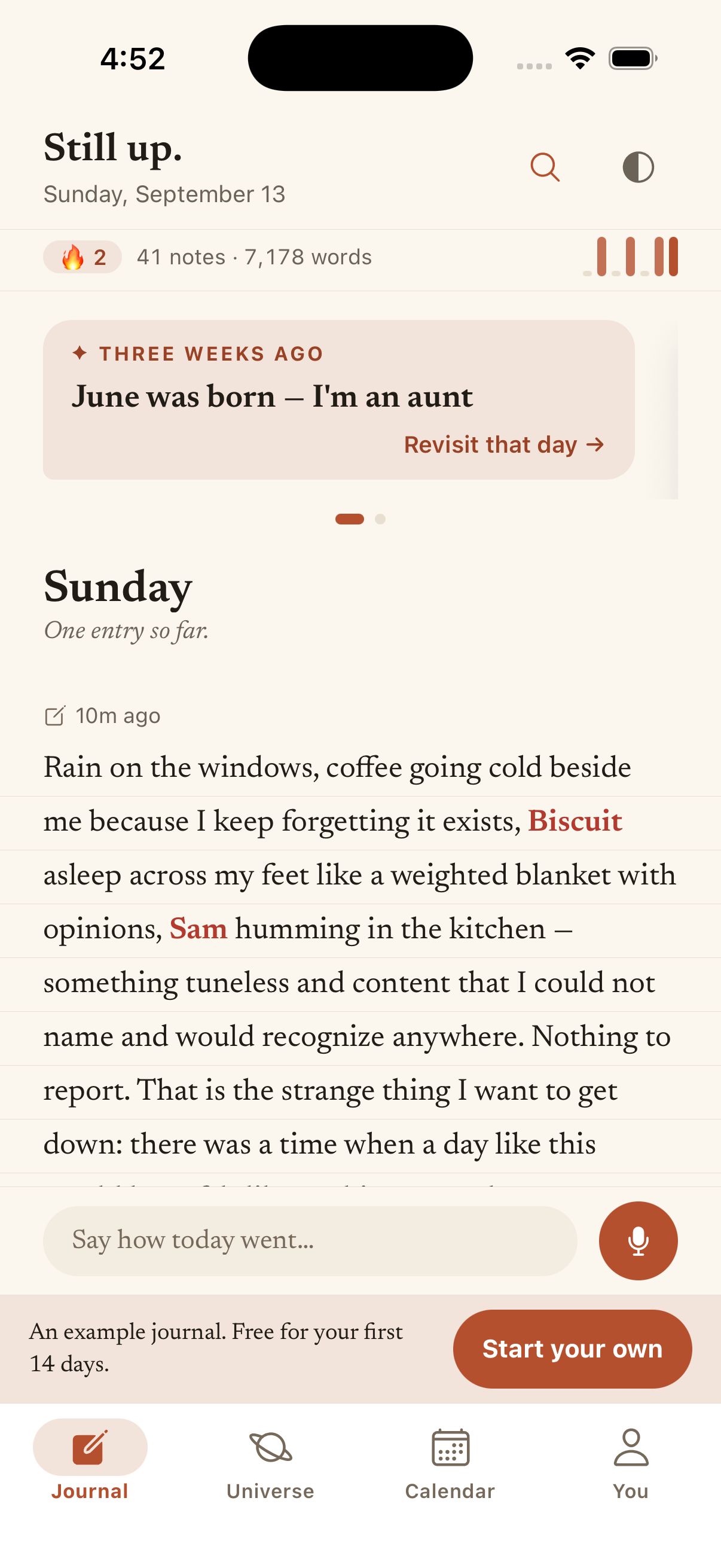 Fond's built-in fictional example journal showing saved entries. Recording personal entries requires an account.