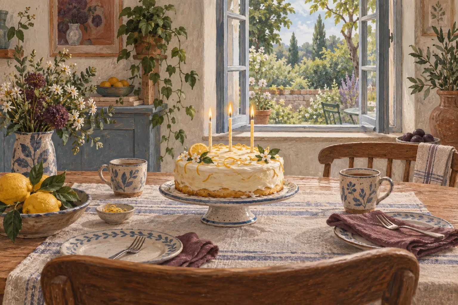 Fictional illustration of a lemon cake by an open garden window
