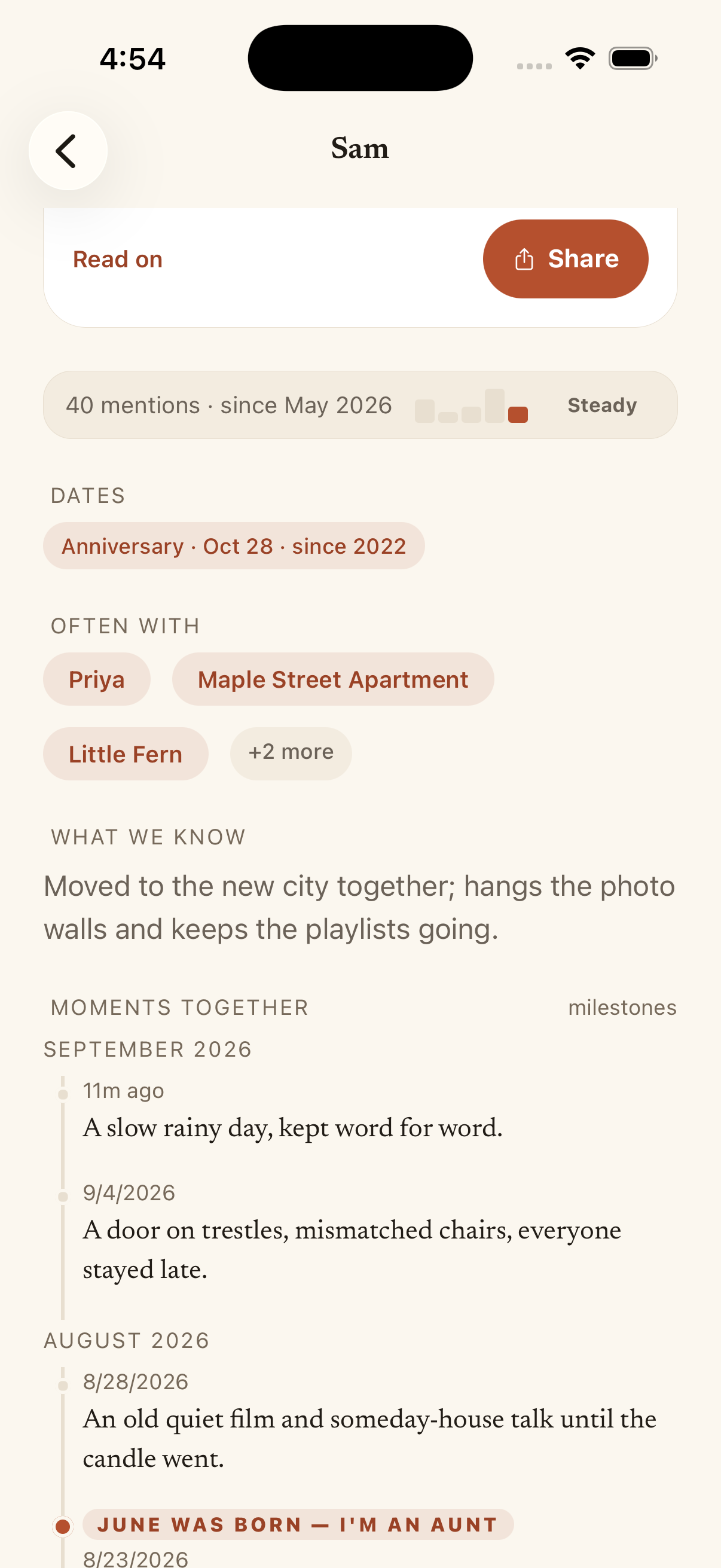 Original saved entries connected to Sam in Fond's fictional example journal.